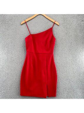 Thats So Fetch Dress Womens 8 Red Knit Mini Sheath Slit Asymmetric Neck Straps
